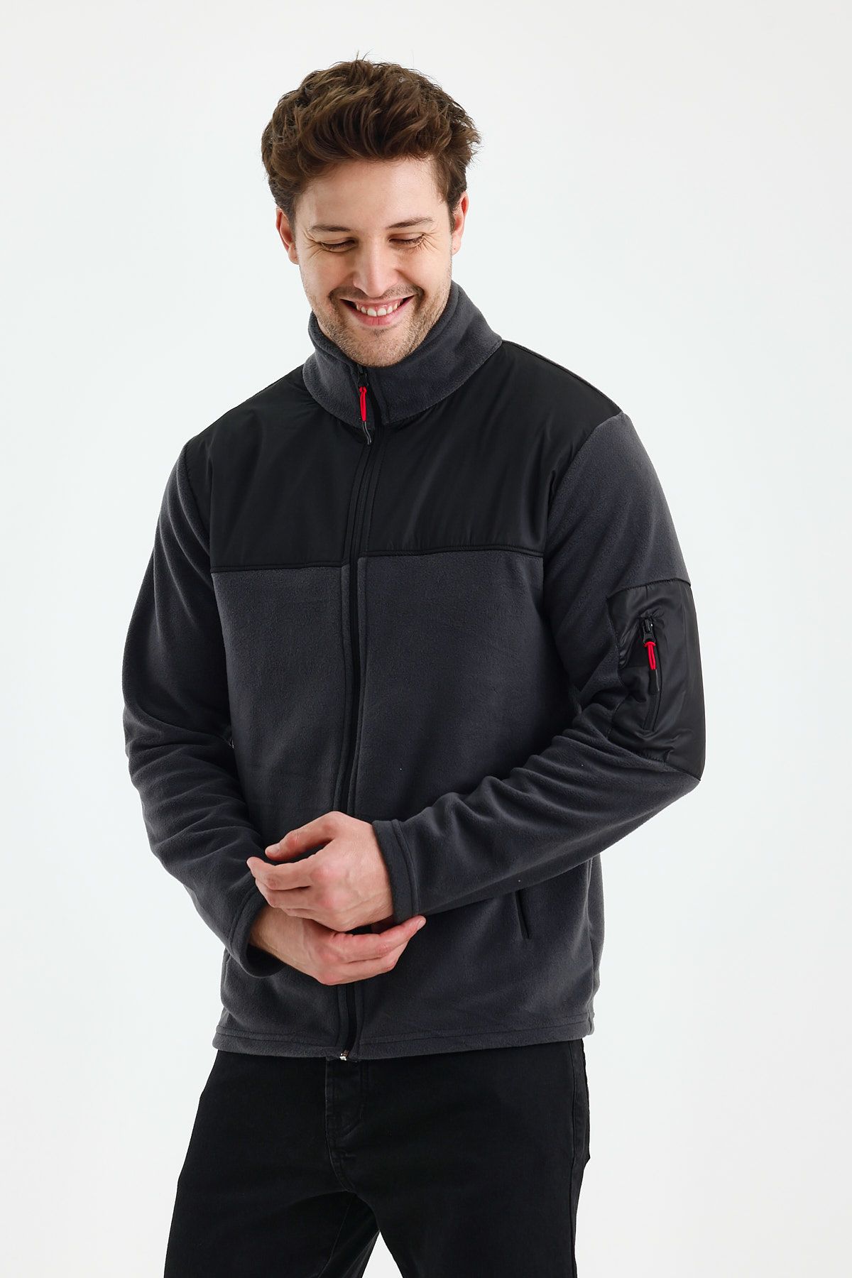 Erkek Tam Fermuarlı Parçalı Spor Polar Ceket