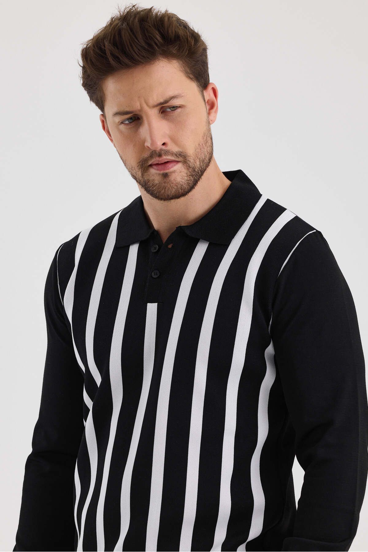 Erkek Polo Yaka Çizgili Triko Kazak