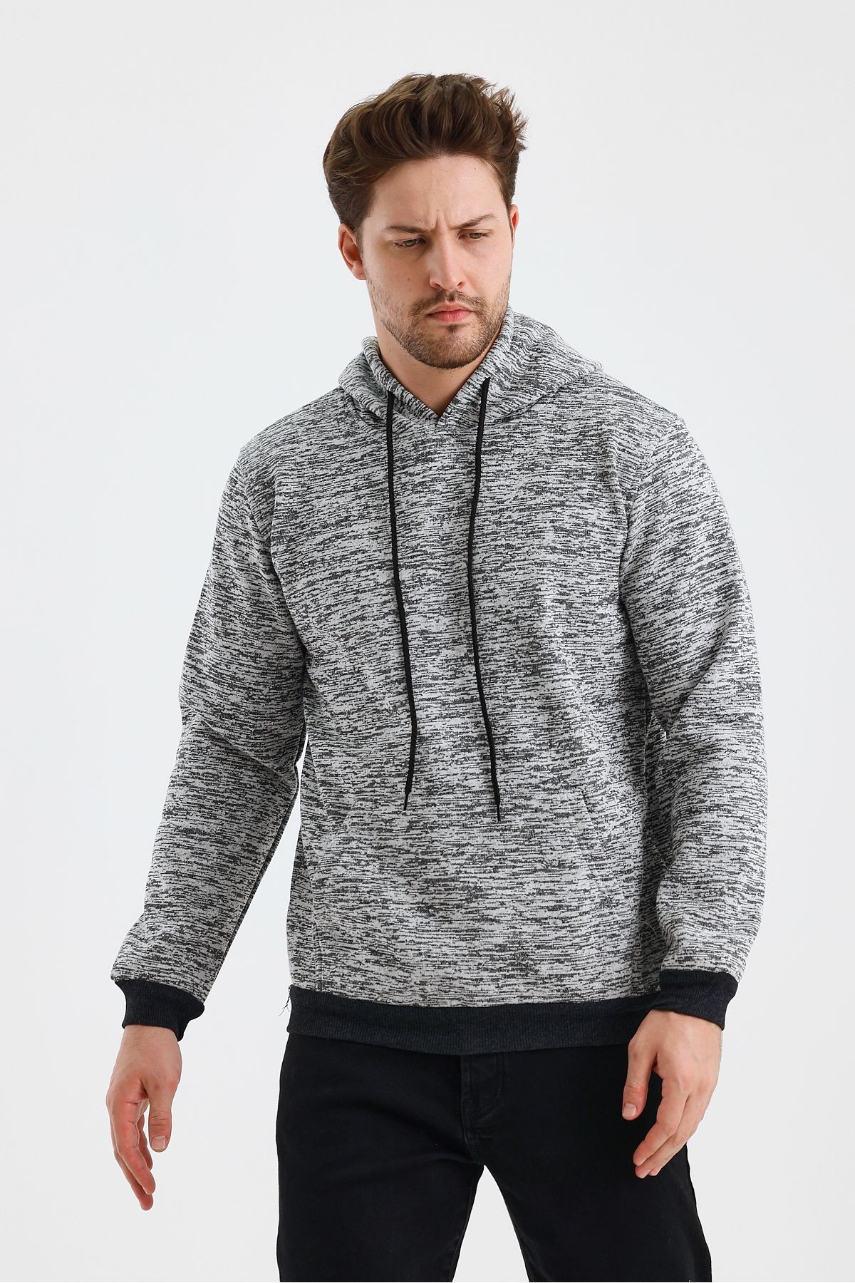 Erkek Kapşonlu Kırçıllı 3 İplik Sweatshirt