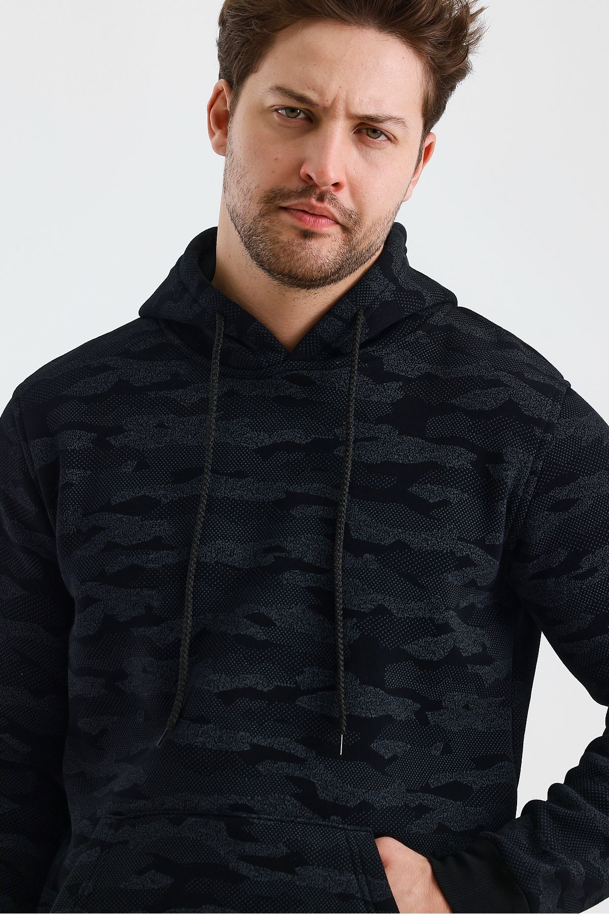 Erkek Kapşonlu Kamuflaj Baskılı 3 İplik Sweatshirt
