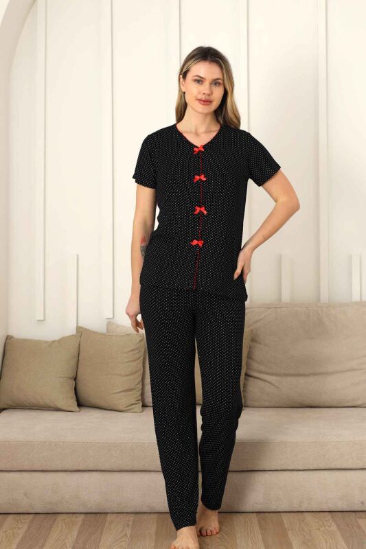 Monox Kadın Kırmızı Fiyonklu Beyaz Puantiyeli Kısa Kol Pijama Takımı