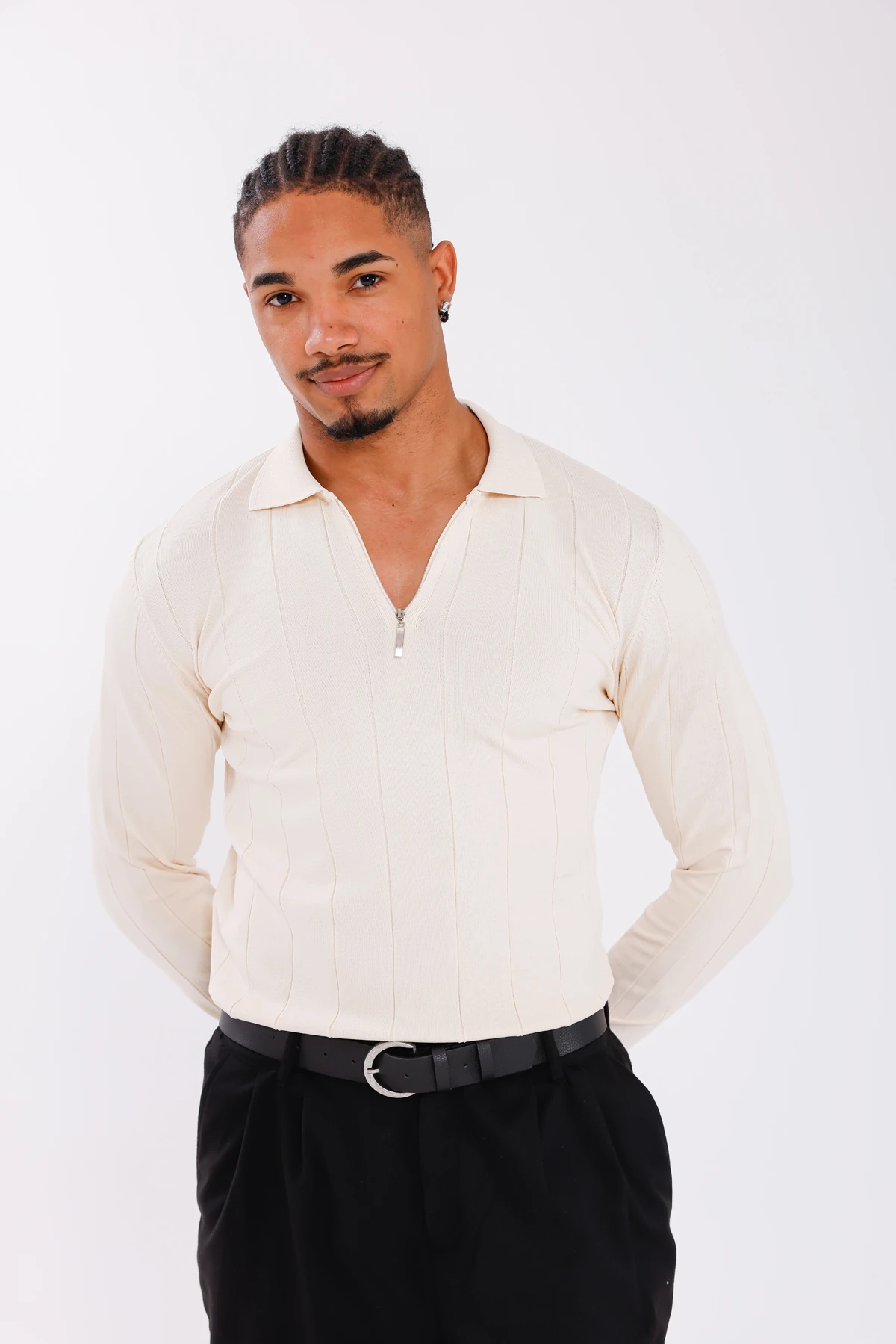 Monox Erkek Yarım Fermuarlı Polo Yaka Triko Kazak - Bej