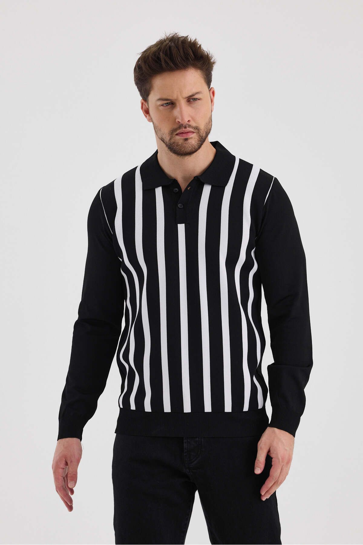Erkek Polo Yaka Çizgili Triko Kazak