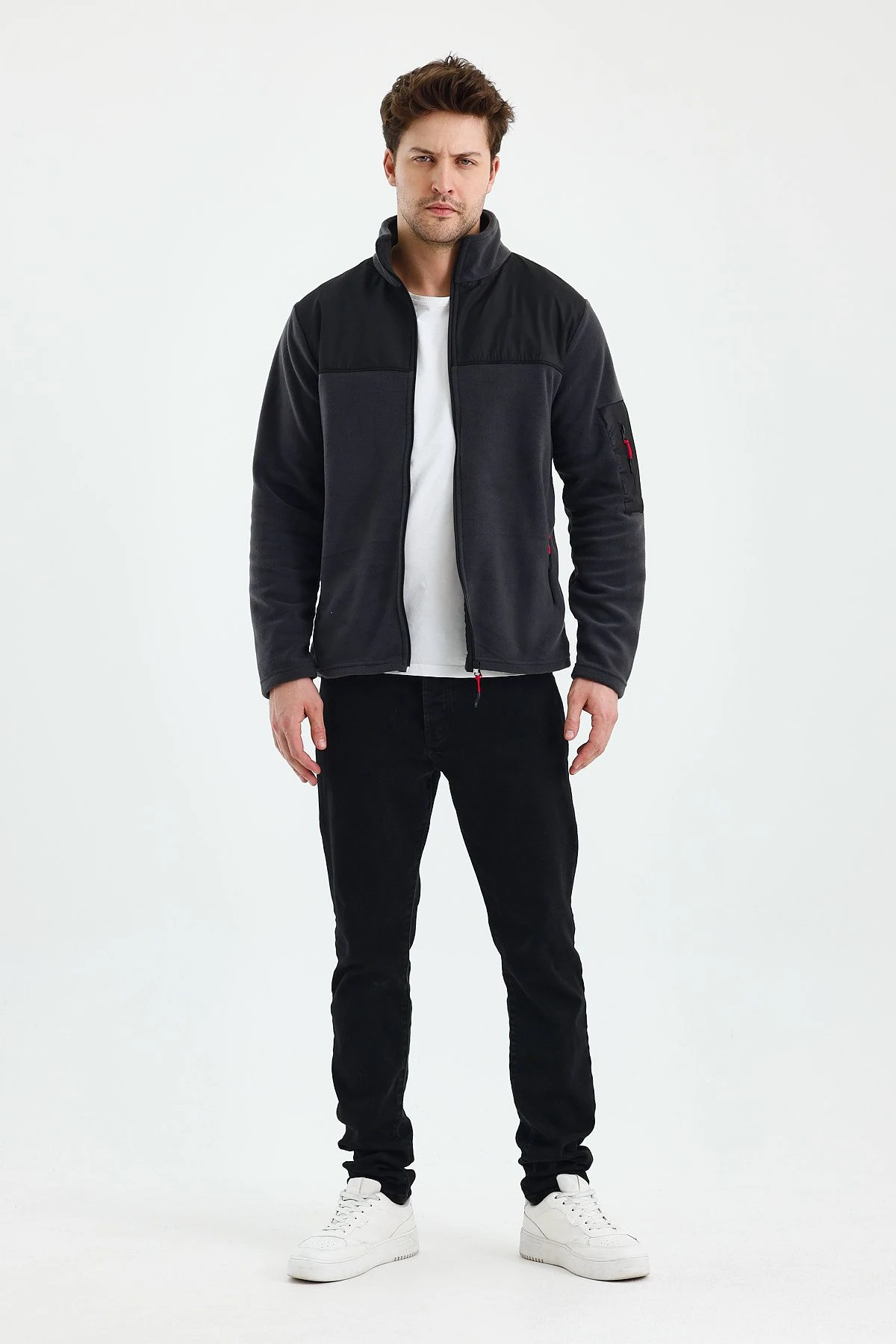 Erkek Tam Fermuarlı Parçalı Spor Polar Ceket