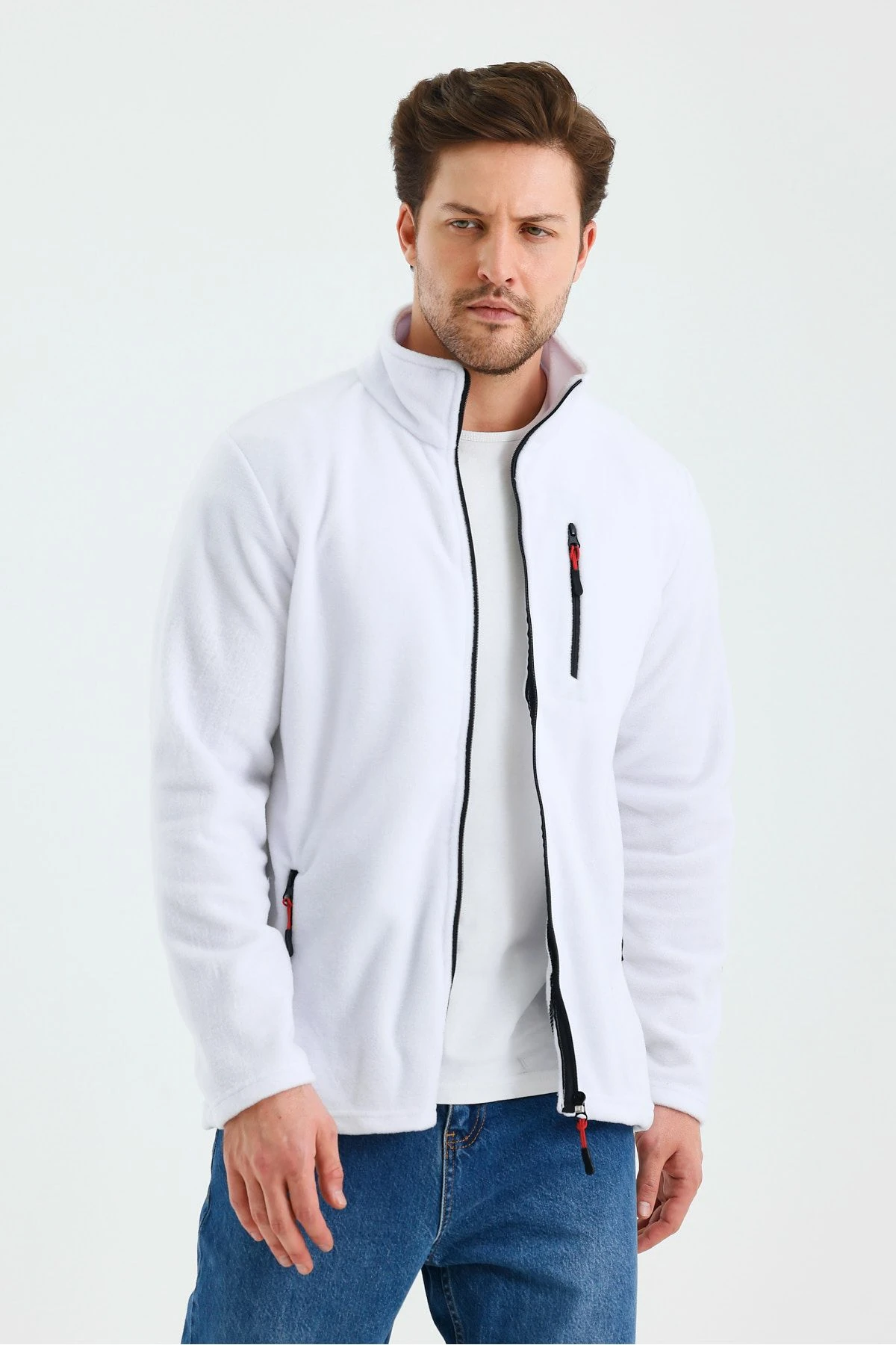 Erkek Outdoor Fermuarlı Polar Ceket - Beyaz
