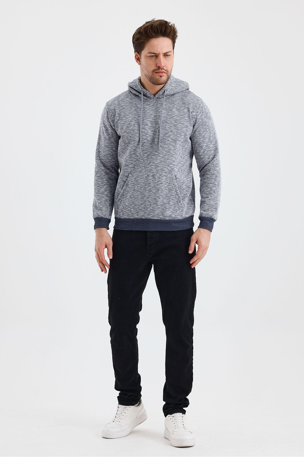Erkek Kapşonlu Kırçıllı 3 İplik Sweatshirt