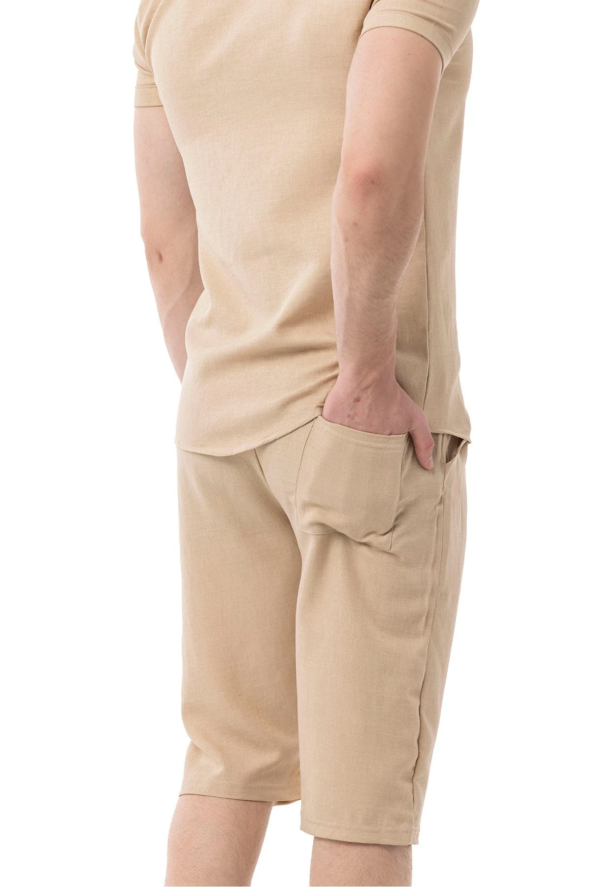 Erkek Mekanik Keten Gömlekli Diz Altı Kapri Takım