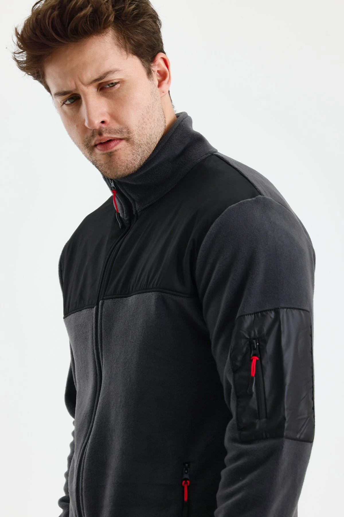 Erkek Tam Fermuarlı Parçalı Spor Polar Ceket