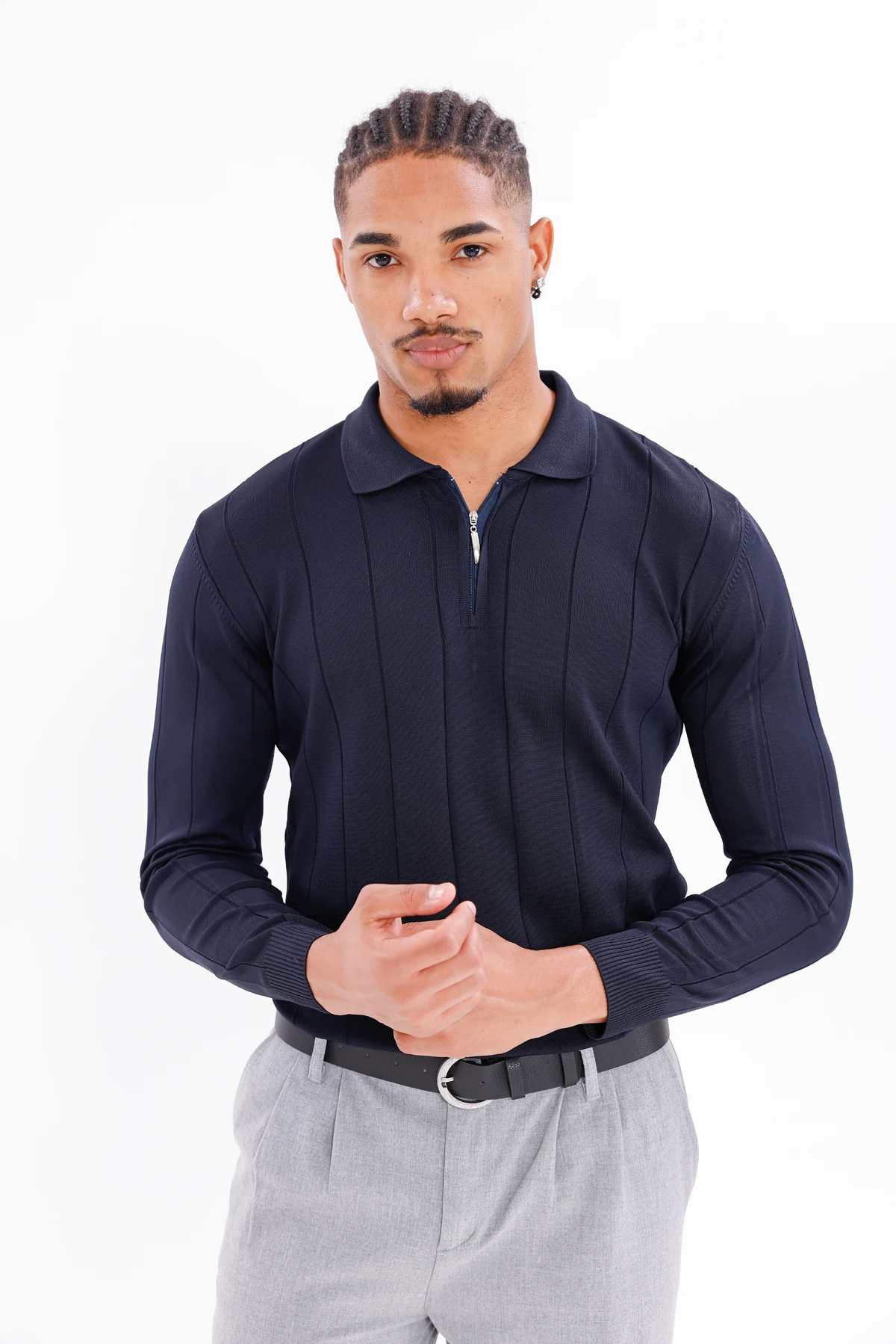 Monox Erkek Yarım Fermuarlı Polo Yaka Triko Kazak - Lacivert