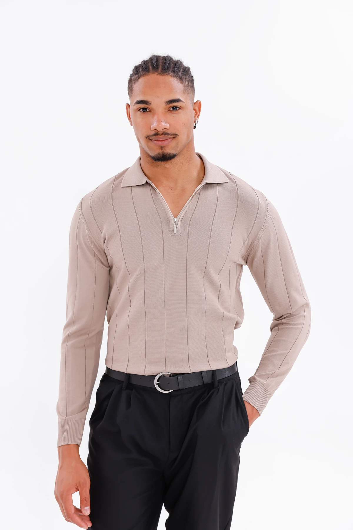 Monox Erkek Yarım Fermuarlı Polo Yaka Triko Kazak - Taş