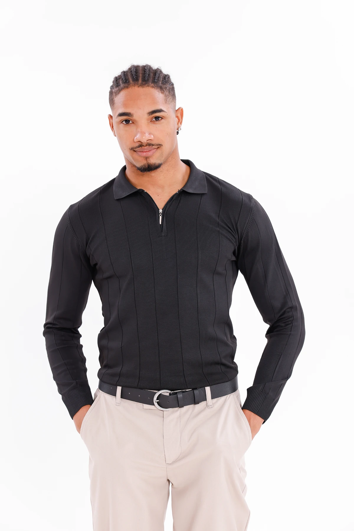 Monox Erkek Yarım Fermuarlı Polo Yaka Triko Kazak - Siyah