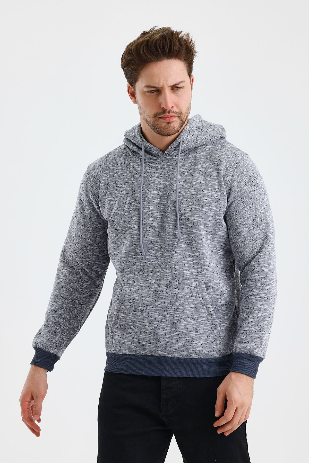 Erkek Kapşonlu Kırçıllı 3 İplik Sweatshirt