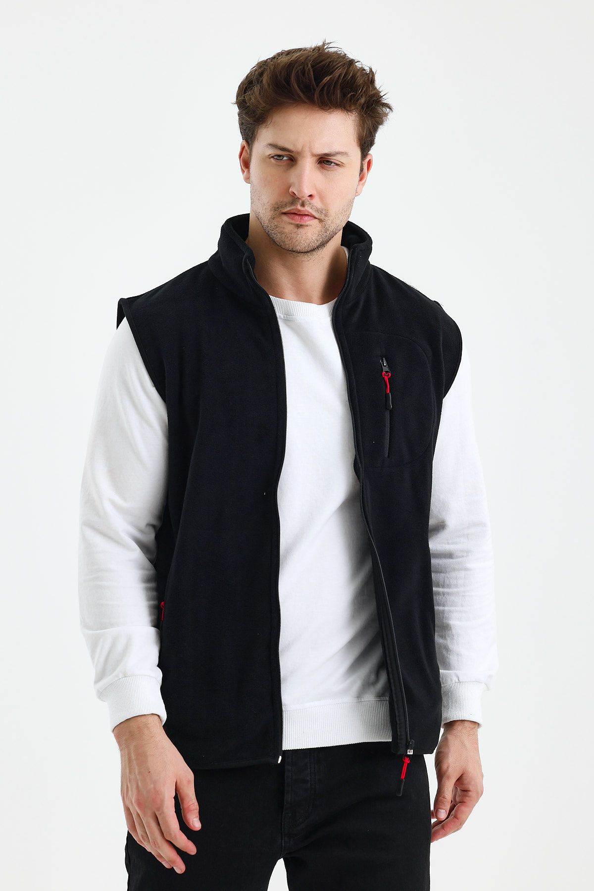 Erkek Tam Fermuarlı Spor Polar Yelek - Siyah