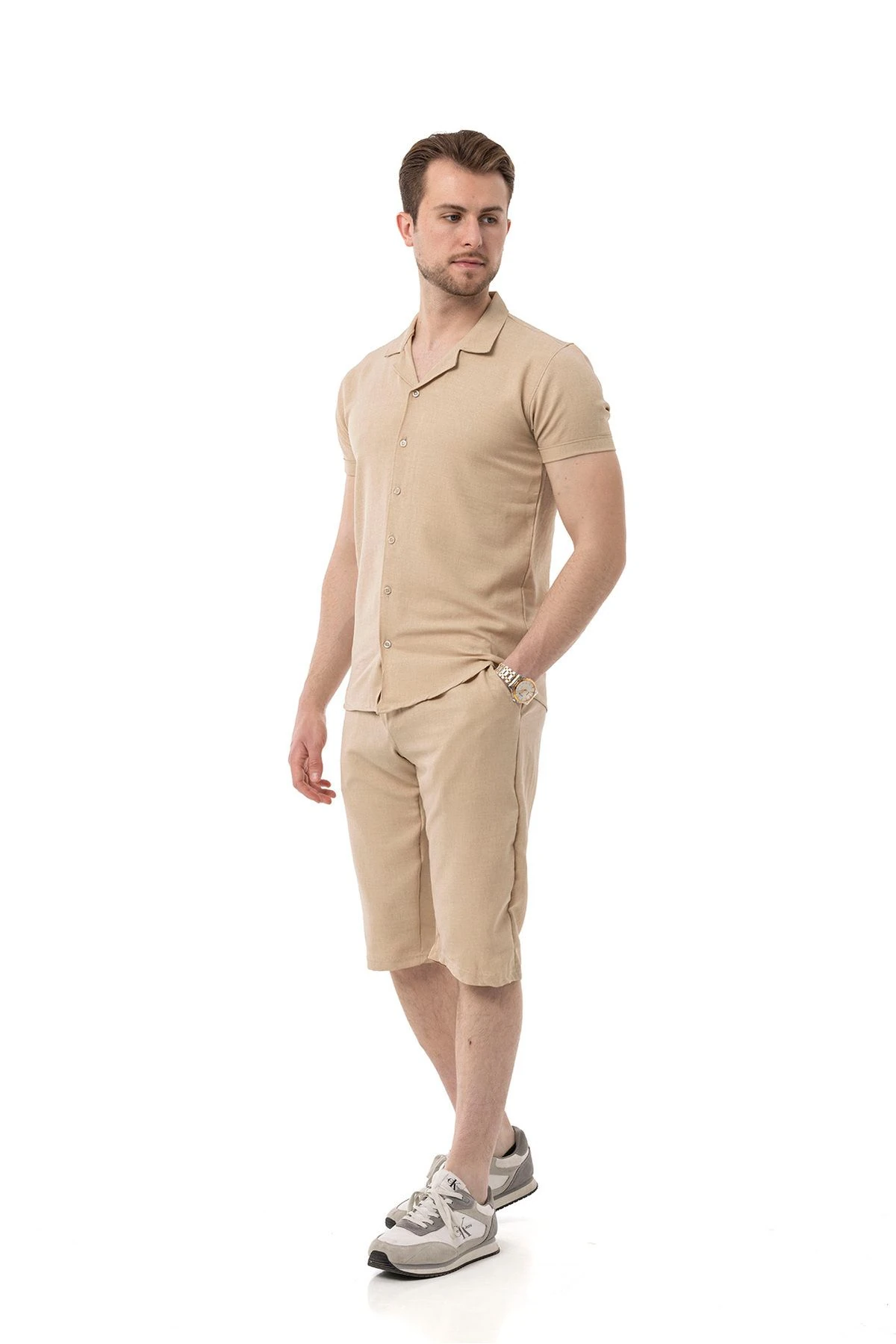 Erkek Mekanik Keten Gömlekli Diz Altı Kapri Takım - Bej