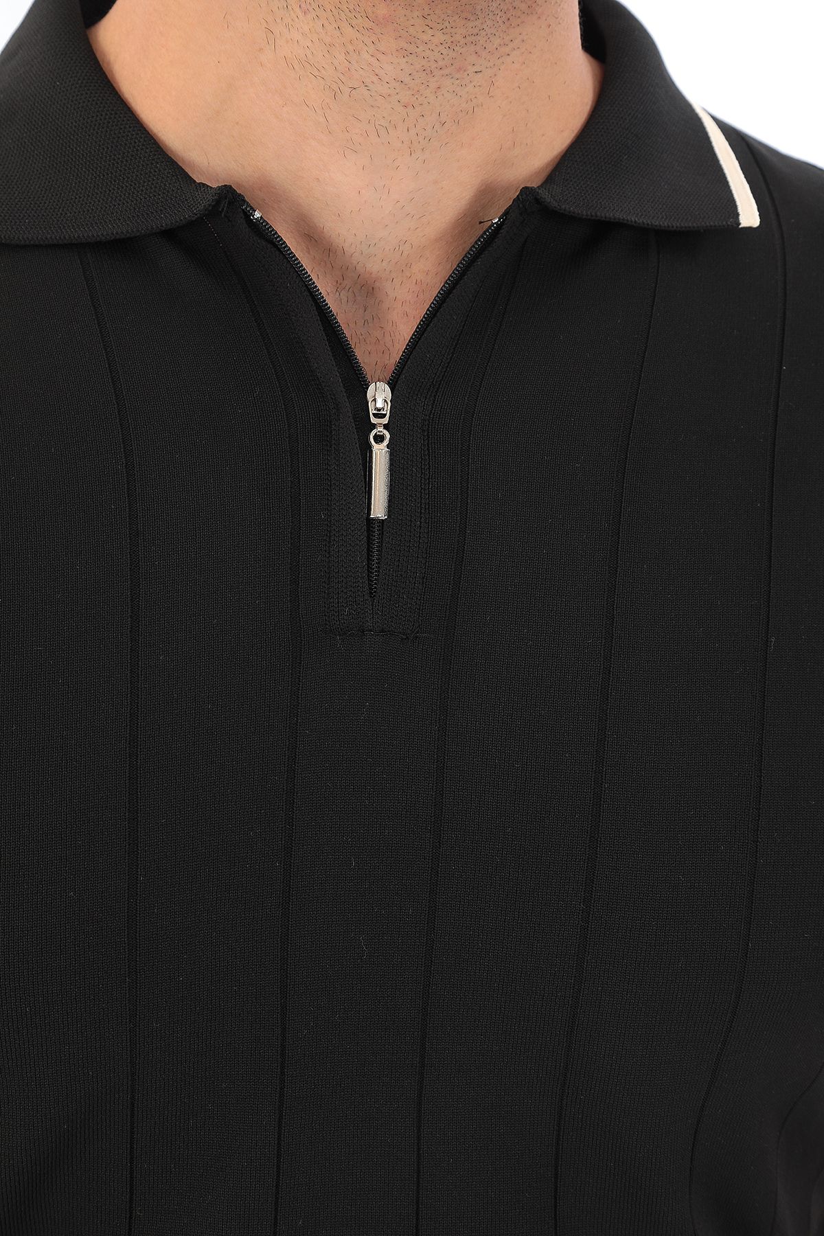 Erkek Polo Yaka Fermuarlı Çizgili Spor Yazlık Triko Tişort