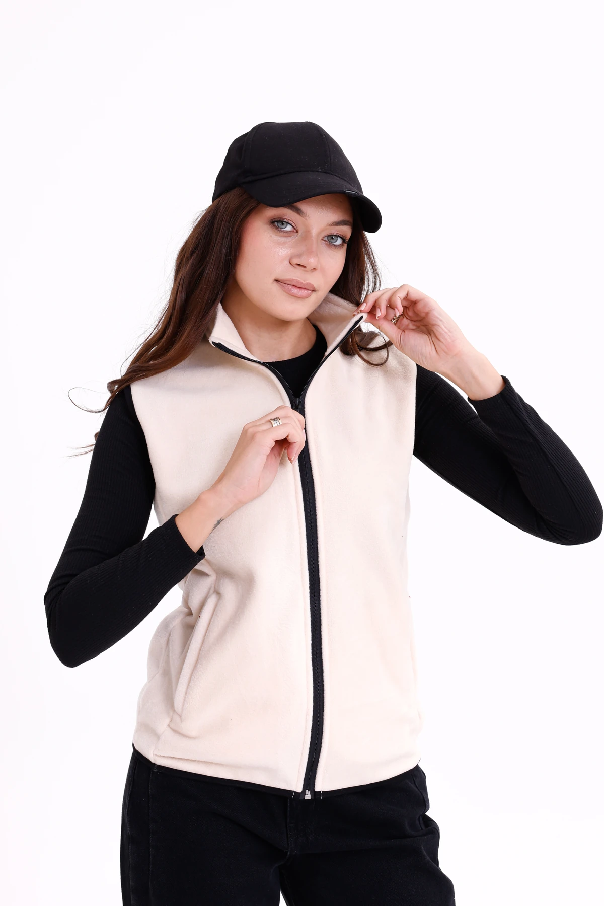 Monox Kadın Slim Fit Tam Fermuarlı Polar Yelek - Bej