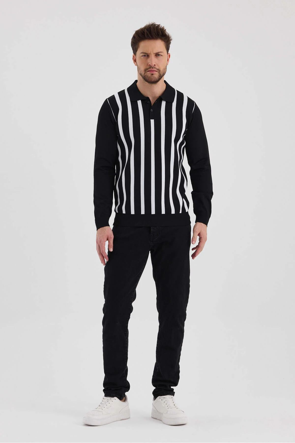 Erkek Polo Yaka Çizgili Triko Kazak