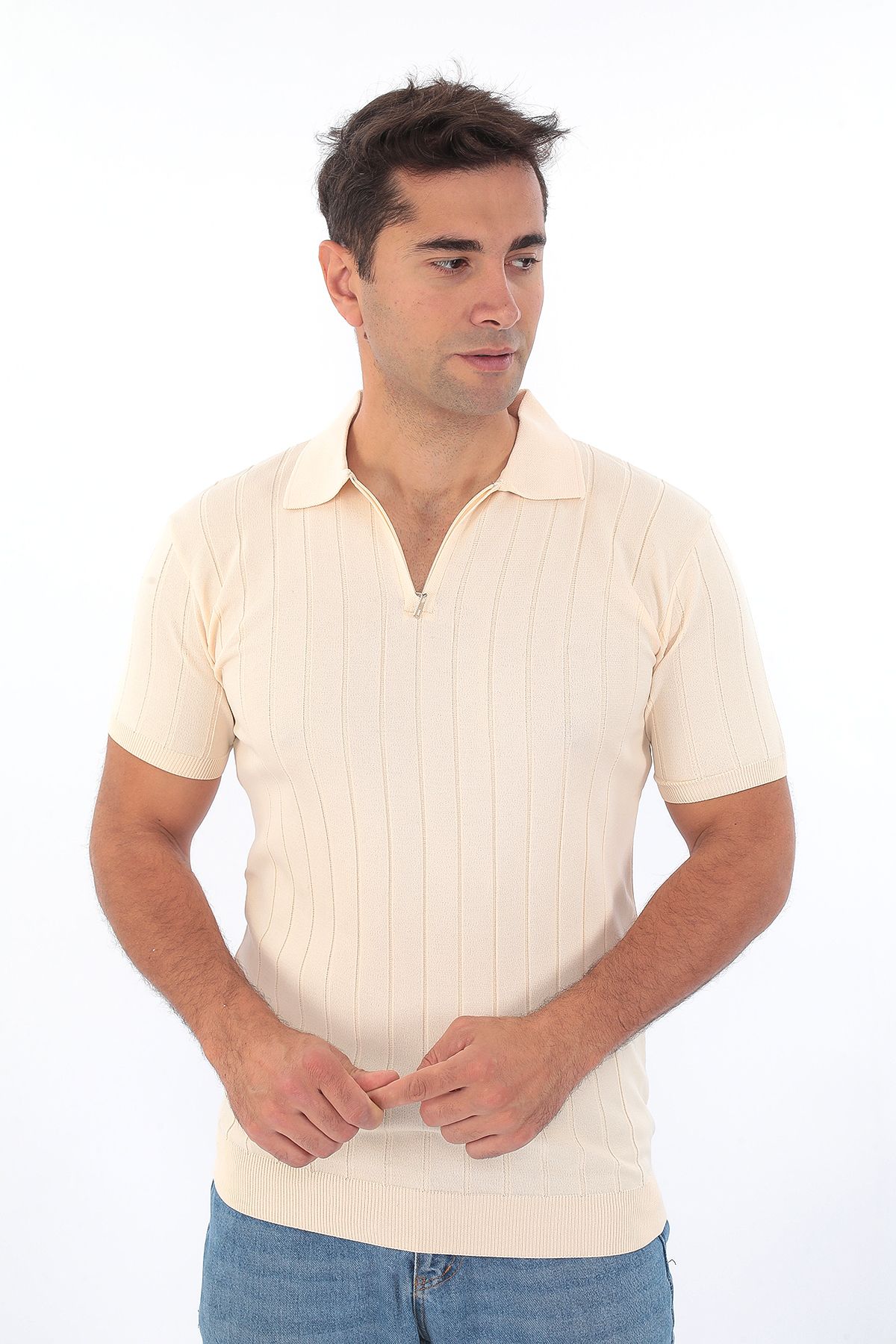 Erkek Polo Yaka Fermuarlı Spor Yazlık Triko Tişort - Bej