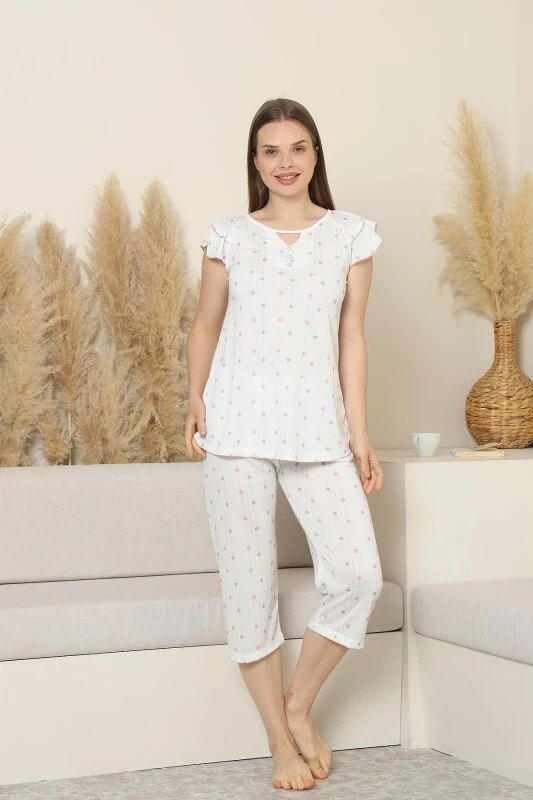 Monox Kadın Baskılı Bermuda Kelebek Fırfırlı Kol Pijama Takımı