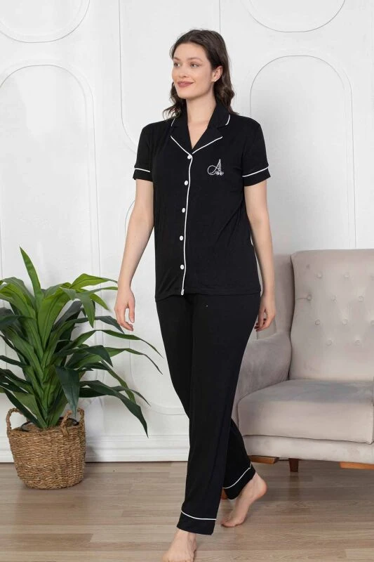 Monox Kadın Önden Düğmeli Kısa Kol Likralı Gömlek Pijama Takımı