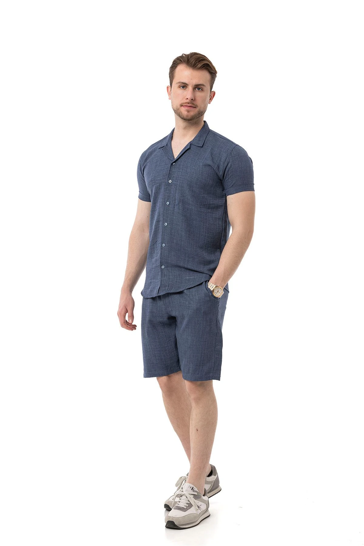 Erkek Mekanik Keten Gömlekli Şortlu Takım