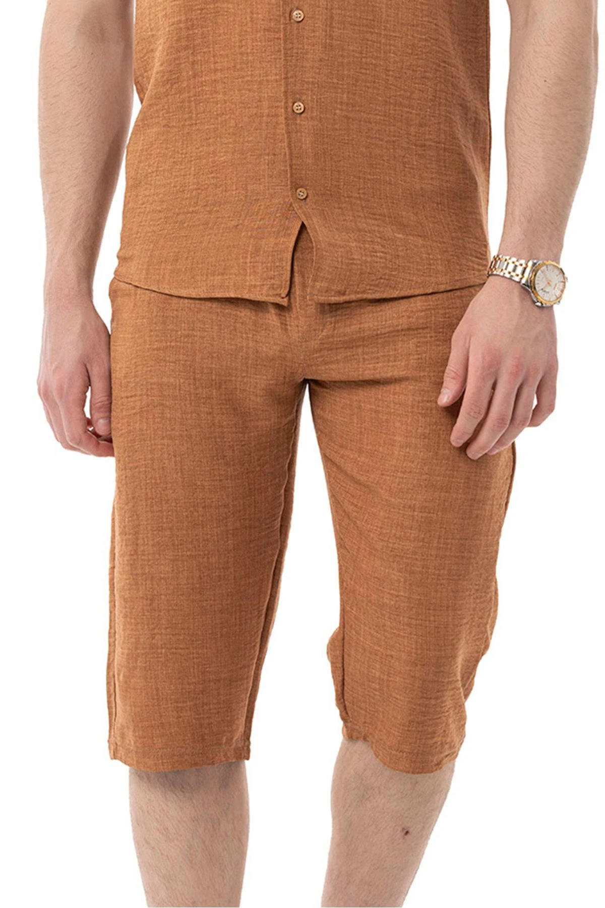 Erkek Mekanik Keten Dizaltı Kapri - Kahve