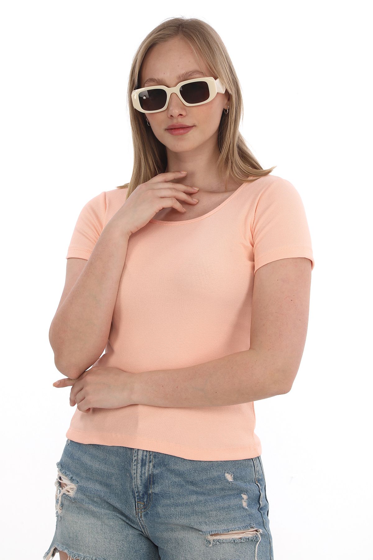 Kadın Fitilli Likralı Pamuk Basic Tshirt - Somon