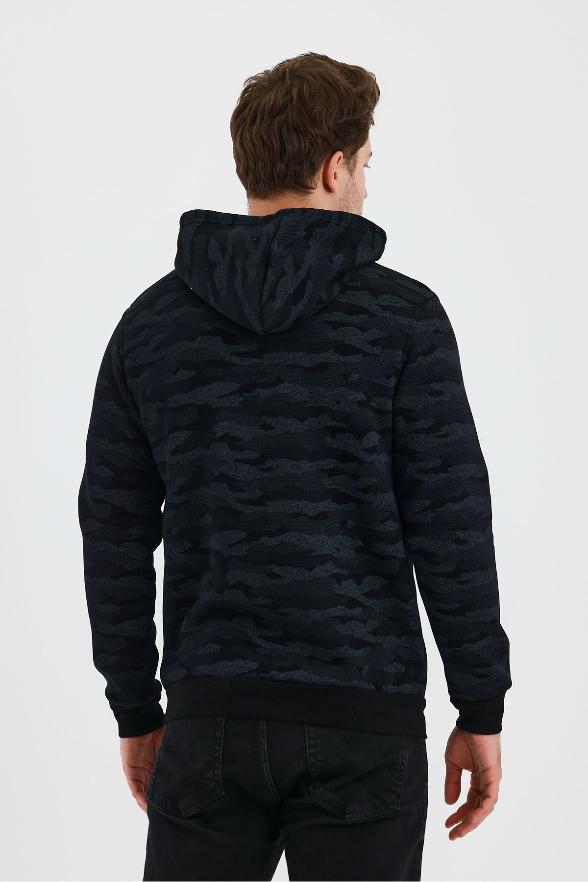 Erkek Kapşonlu Kamuflaj Baskılı 3 İplik Sweatshirt