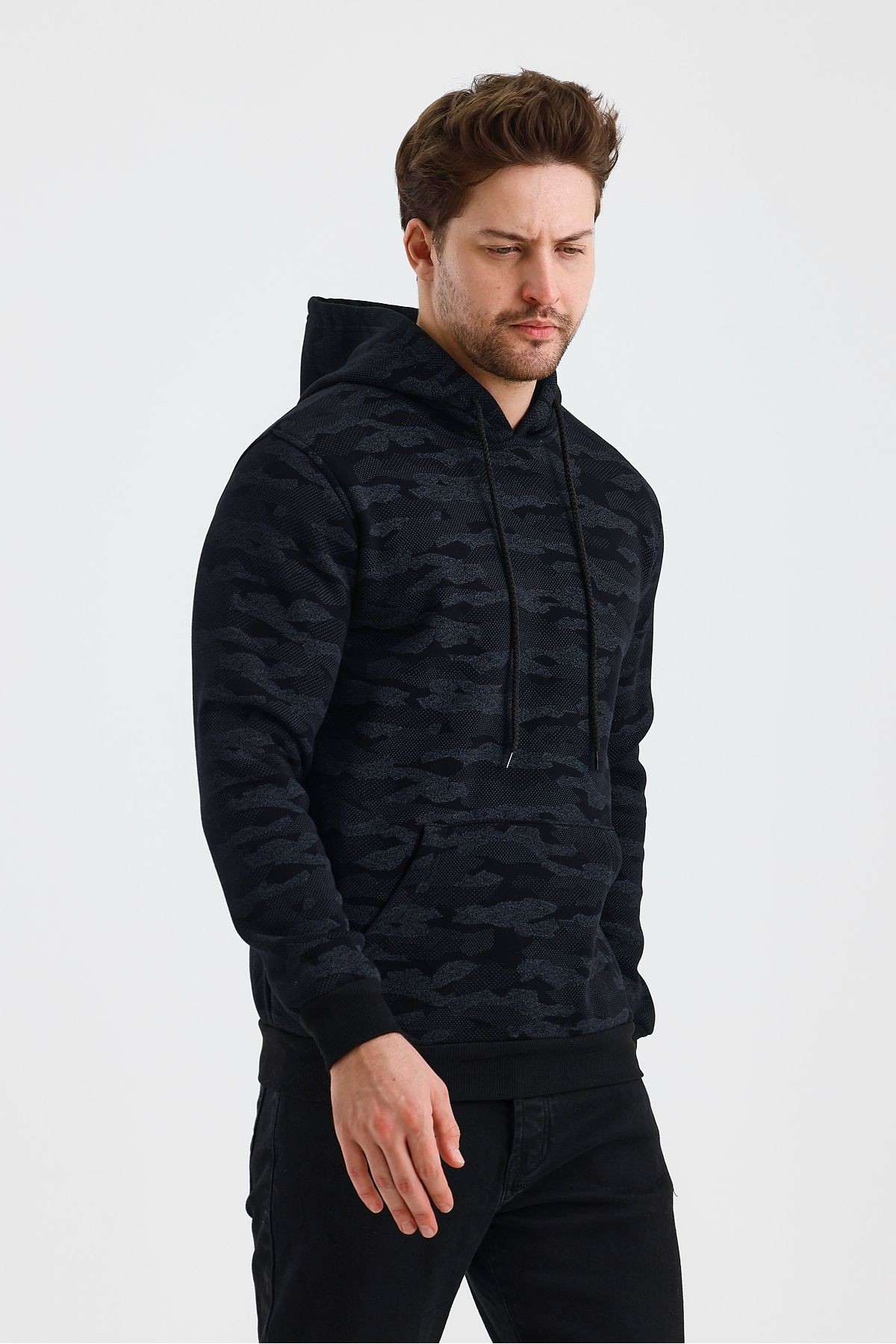 Erkek Kapşonlu Kamuflaj Baskılı 3 İplik Sweatshirt
