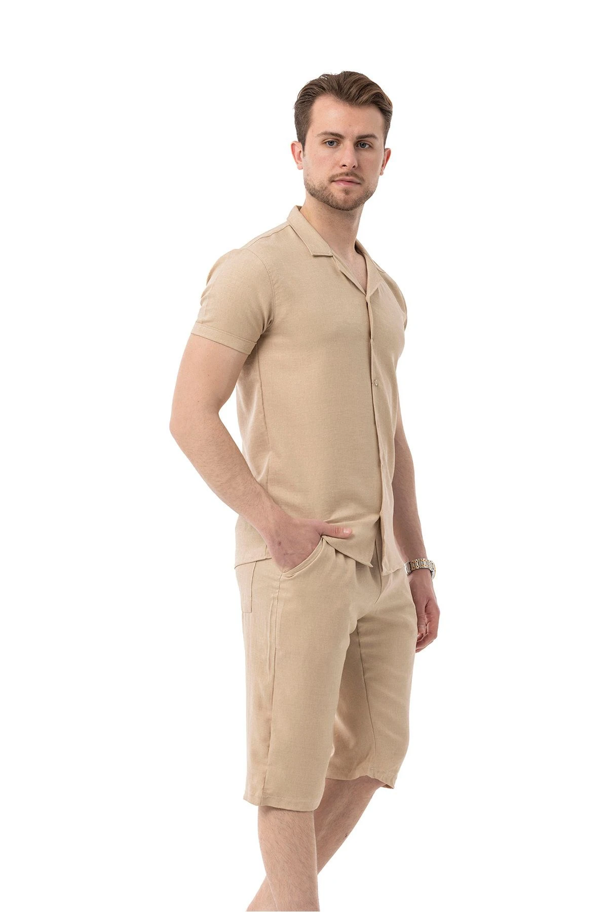 Erkek Mekanik Keten Gömlekli Diz Altı Kapri Takım