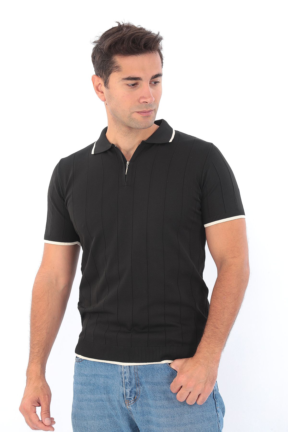 Erkek Polo Yaka Fermuarlı Çizgili Spor Yazlık Triko Tişort