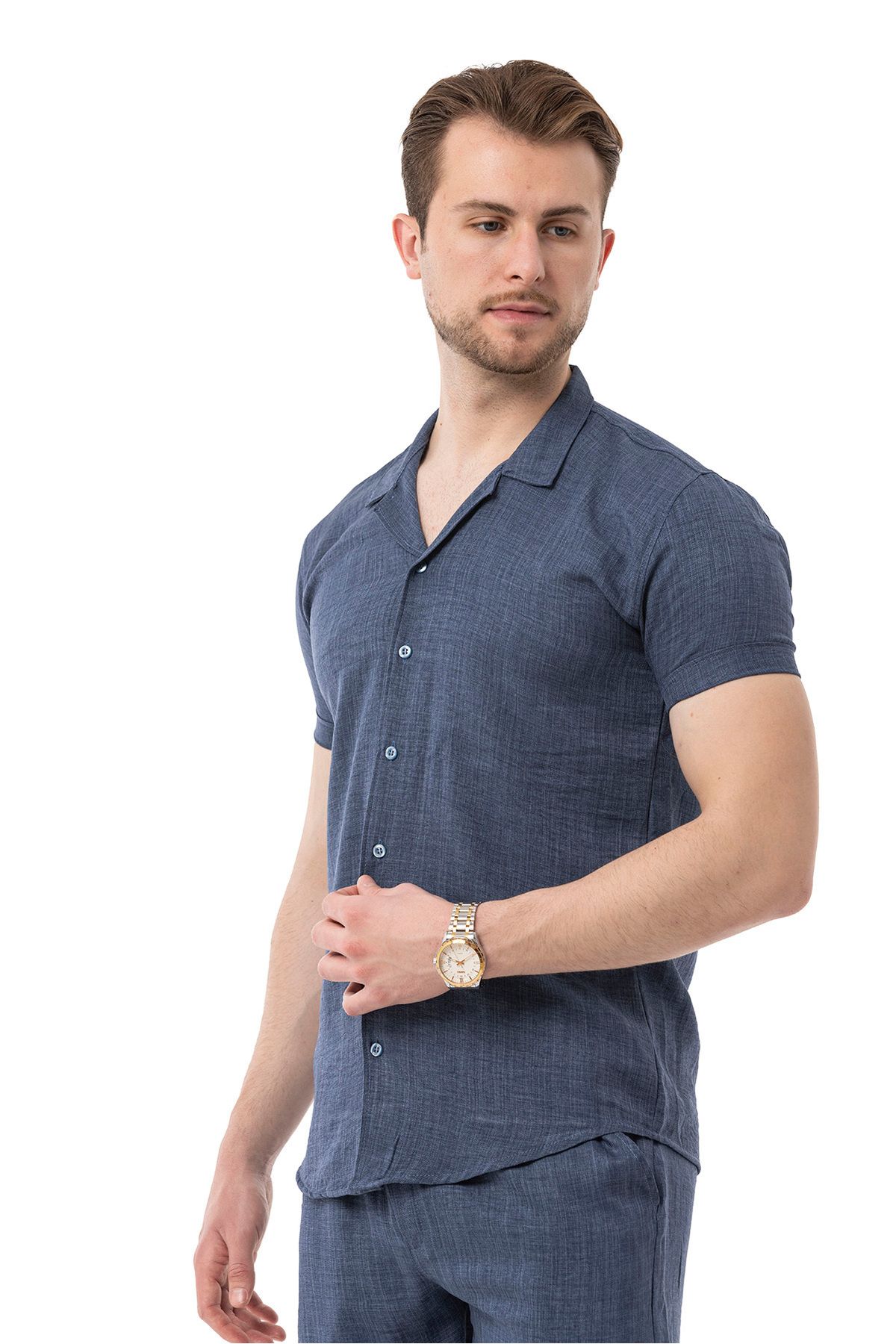 Erkek Mekanik Keten Gömlekli Şortlu Takım