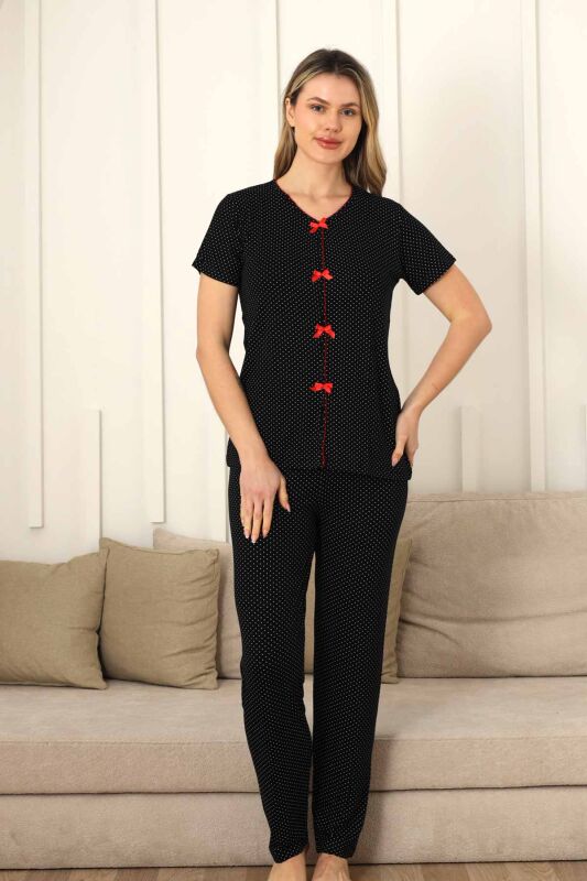 Monox Kadın Kırmızı Fiyonklu Beyaz Puantiyeli Kısa Kol Pijama Takımı