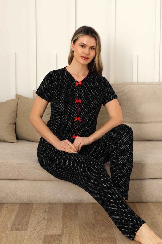 Monox Kadın Kırmızı Fiyonklu Beyaz Puantiyeli Kısa Kol Pijama Takımı