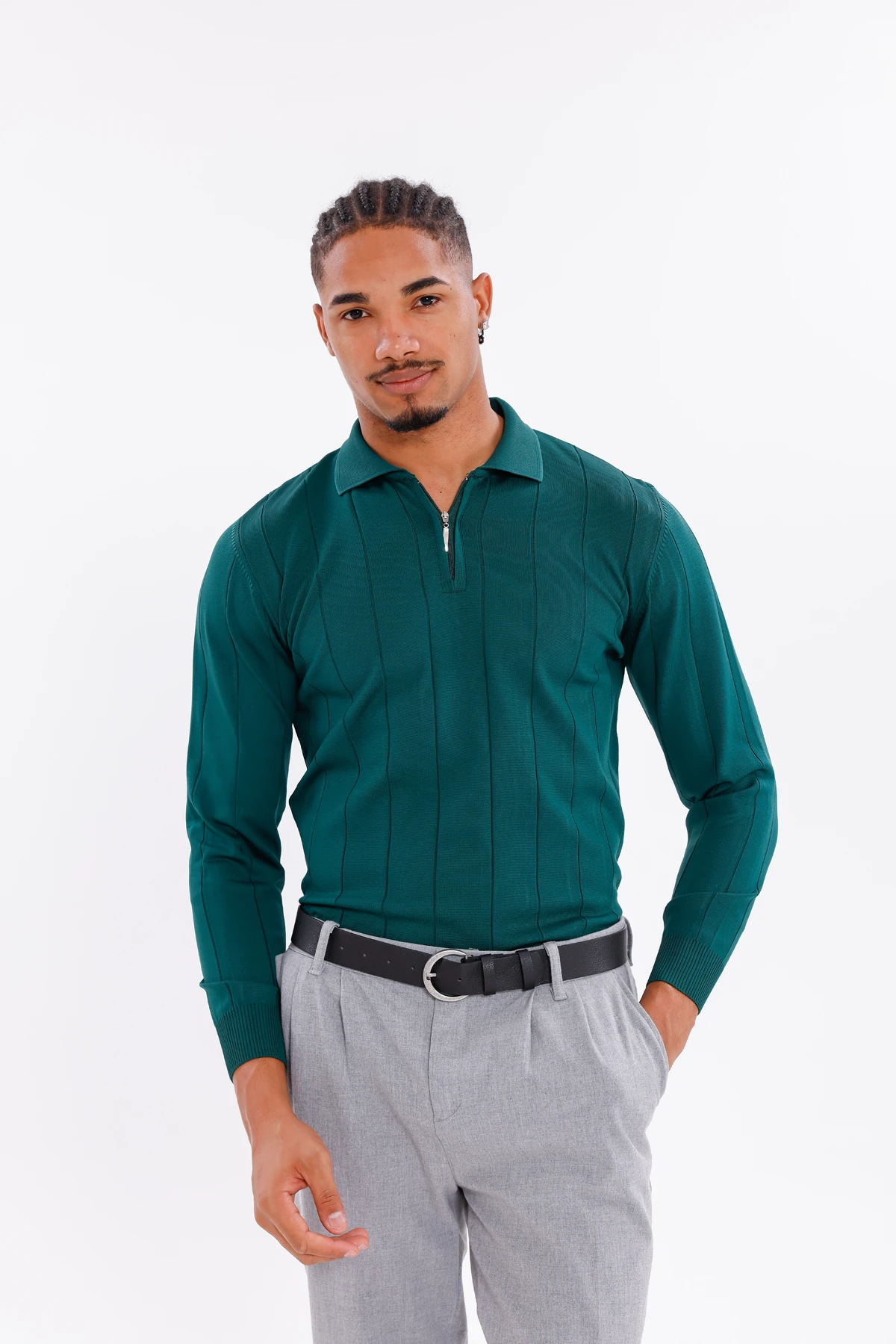 Monox Erkek Yarım Fermuarlı Polo Yaka Triko Kazak - Zümrüt