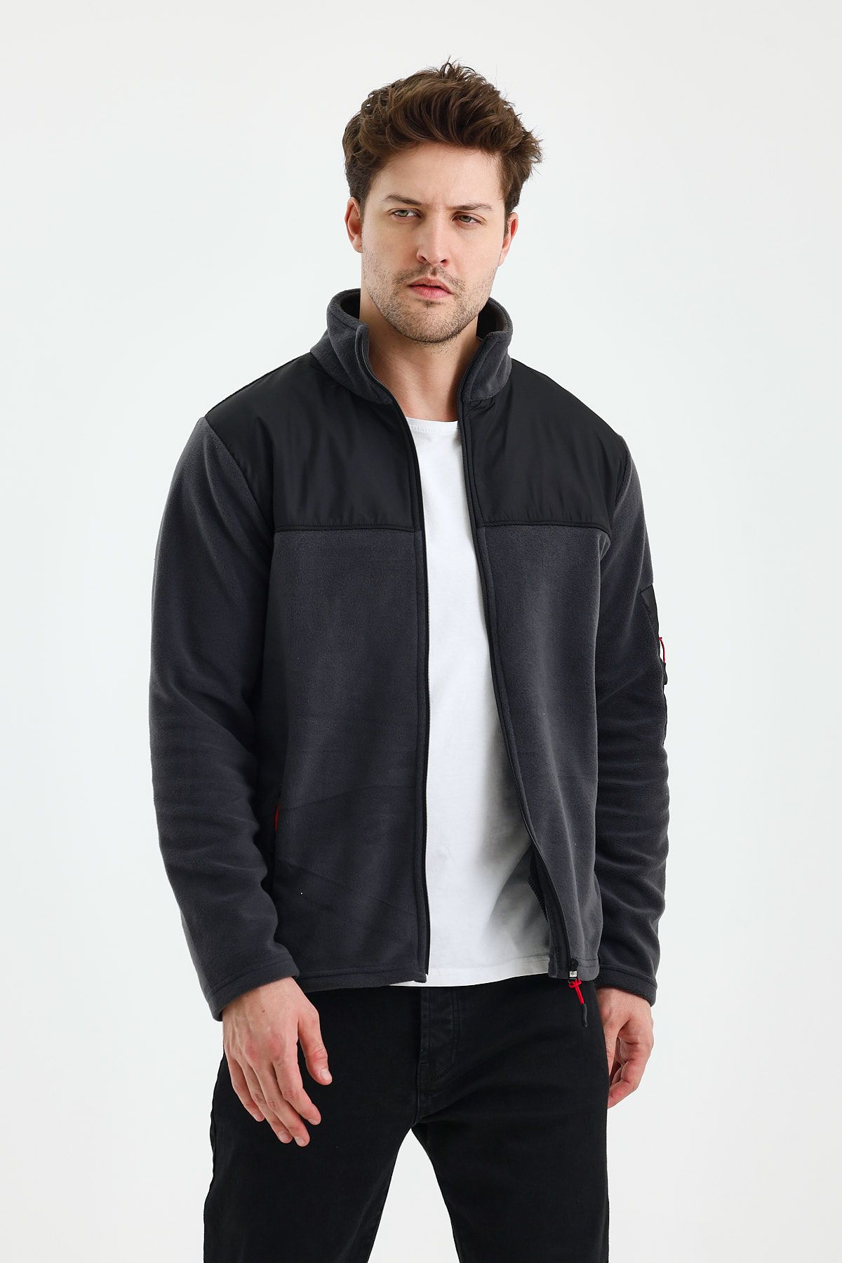 Erkek Tam Fermuarlı Parçalı Spor Polar Ceket - Füme