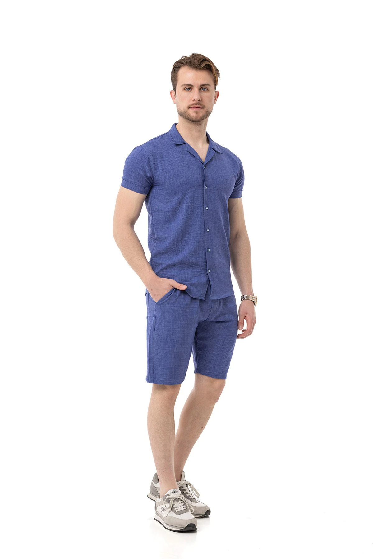 Erkek Mekanik Keten Gömlekli Şortlu Takım - Saks