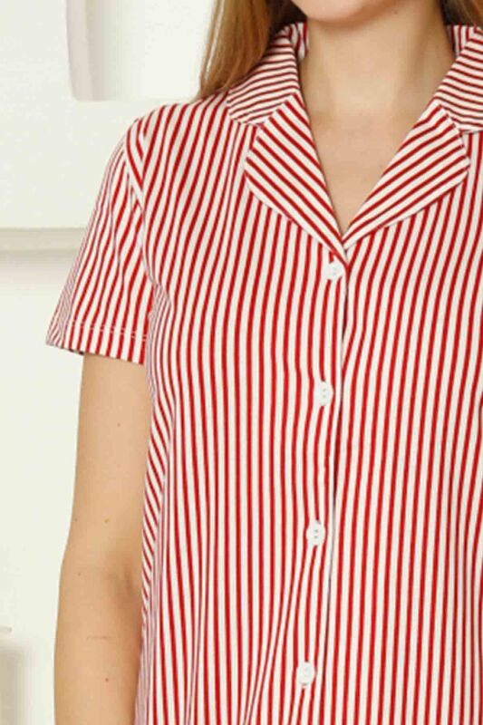 Monox Kadın Boydan Düğmeli Kırmızı-Beyaz Çizgili Gecelik Pijama