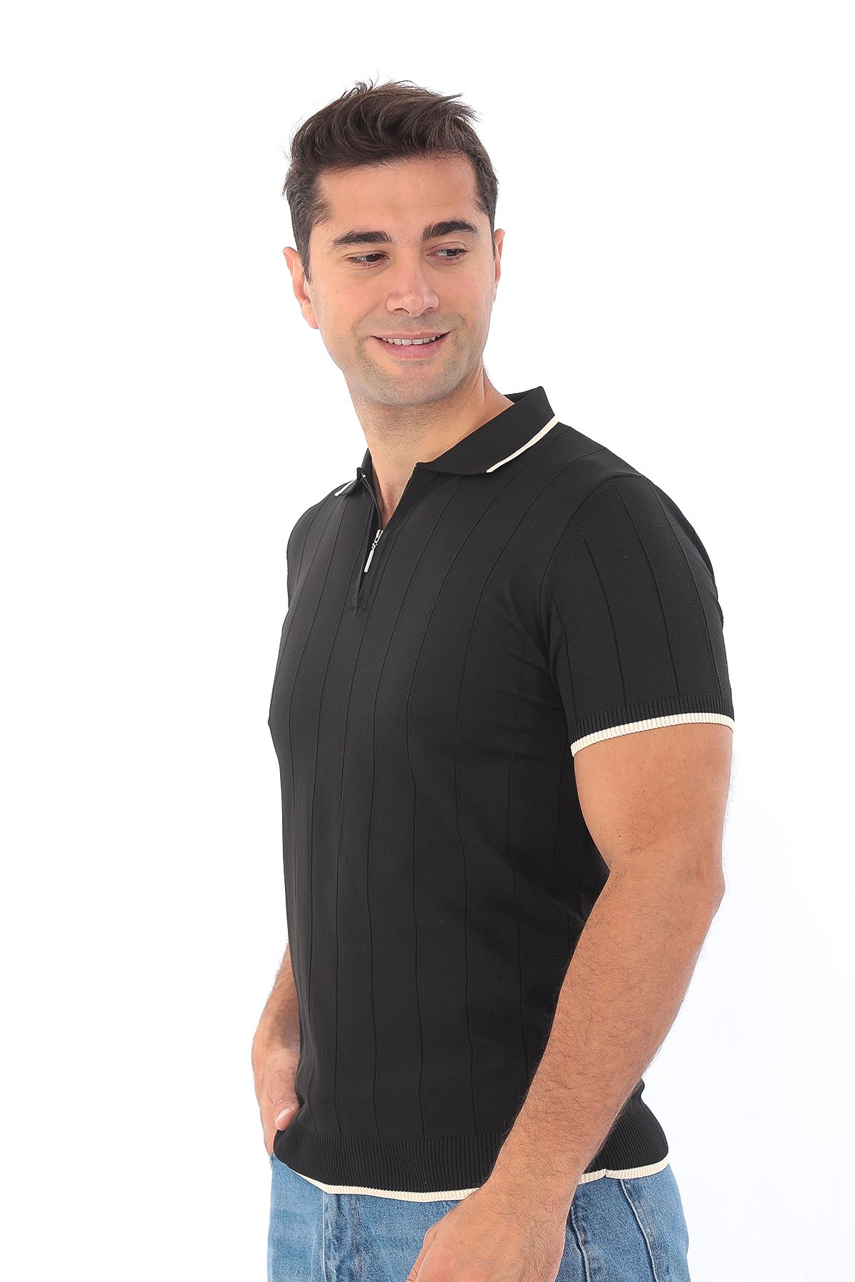 Erkek Polo Yaka Fermuarlı Çizgili Spor Yazlık Triko Tişort