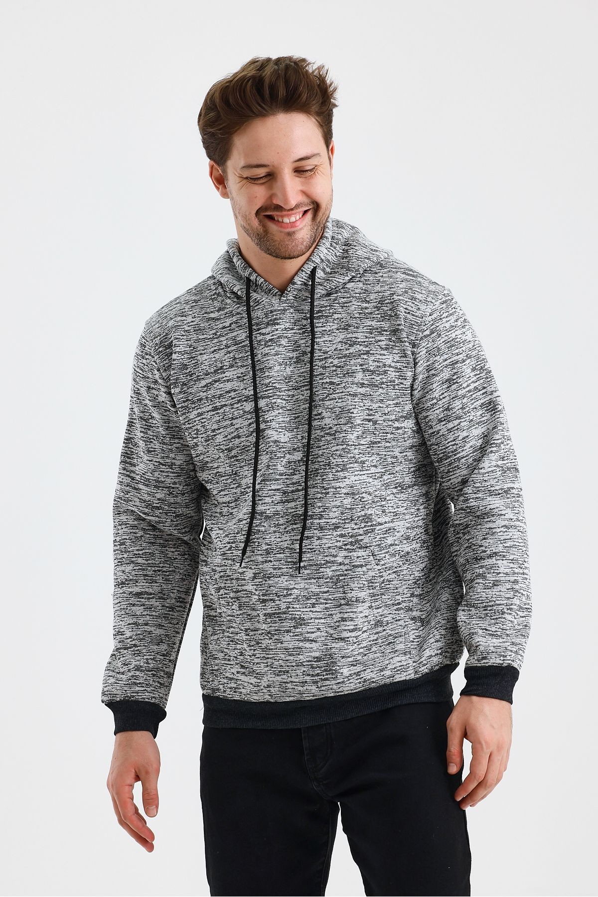 Erkek Kapşonlu Kırçıllı 3 İplik Sweatshirt