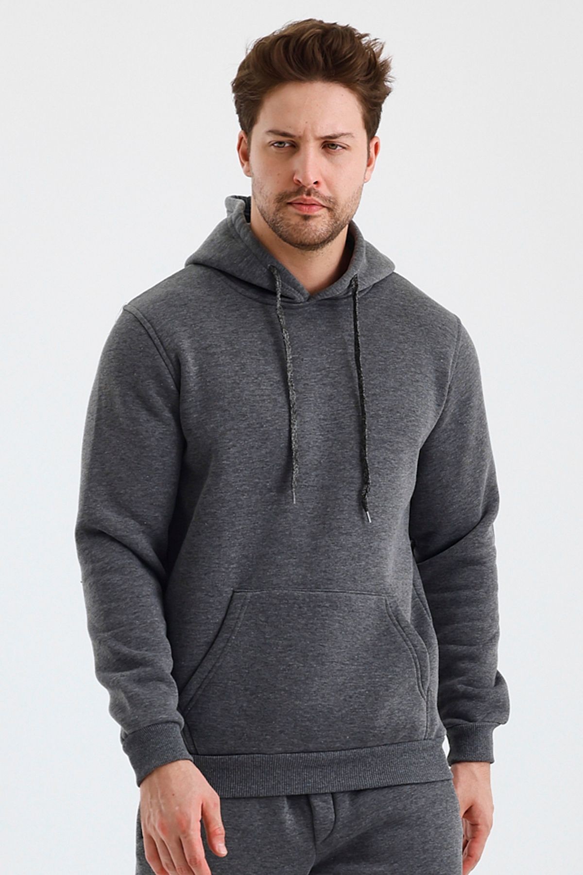 Erkek Kapşonlu 3 İplik Sweatshirt - Antrasit