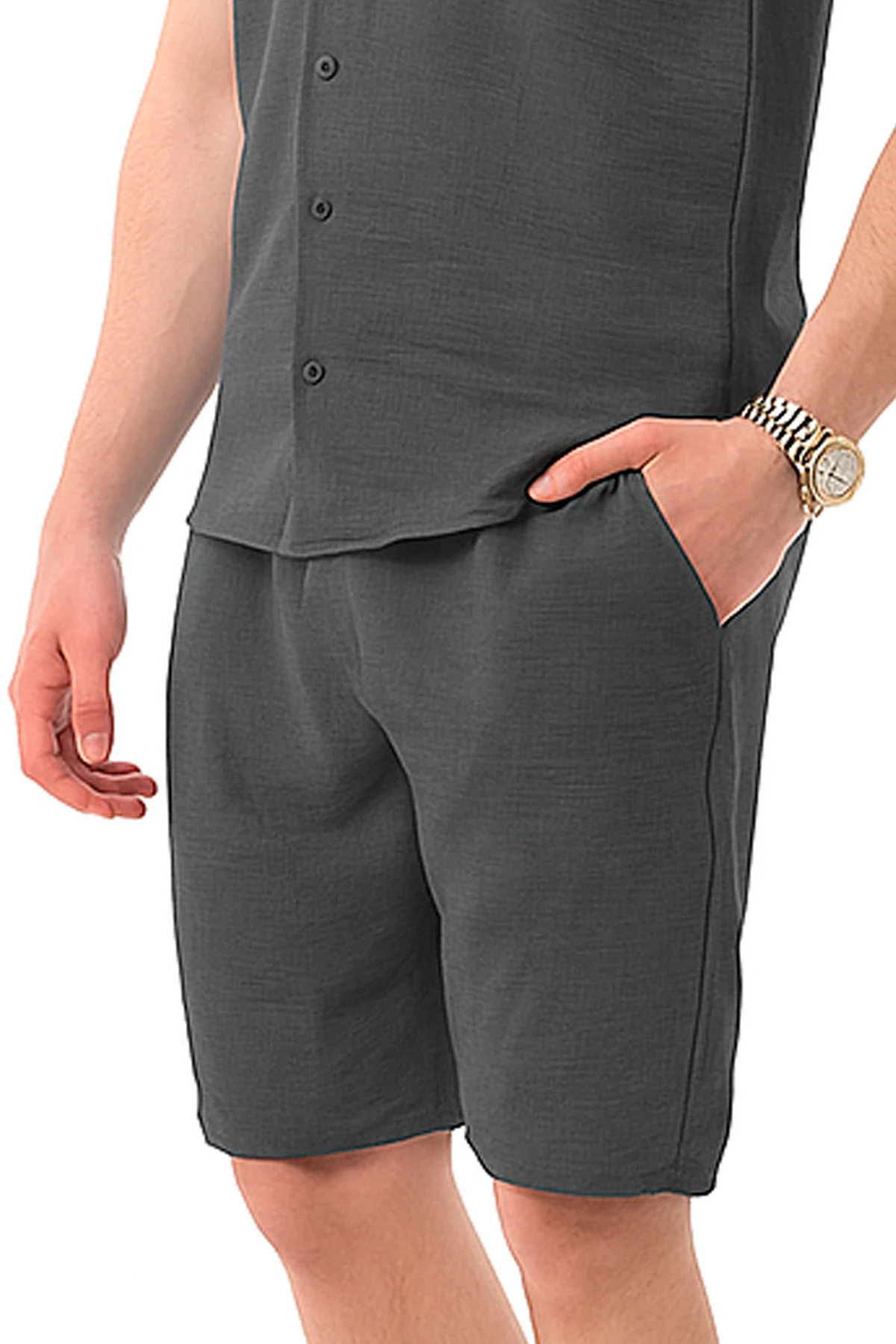 Erkek Mekanik Keten Şort - Füme