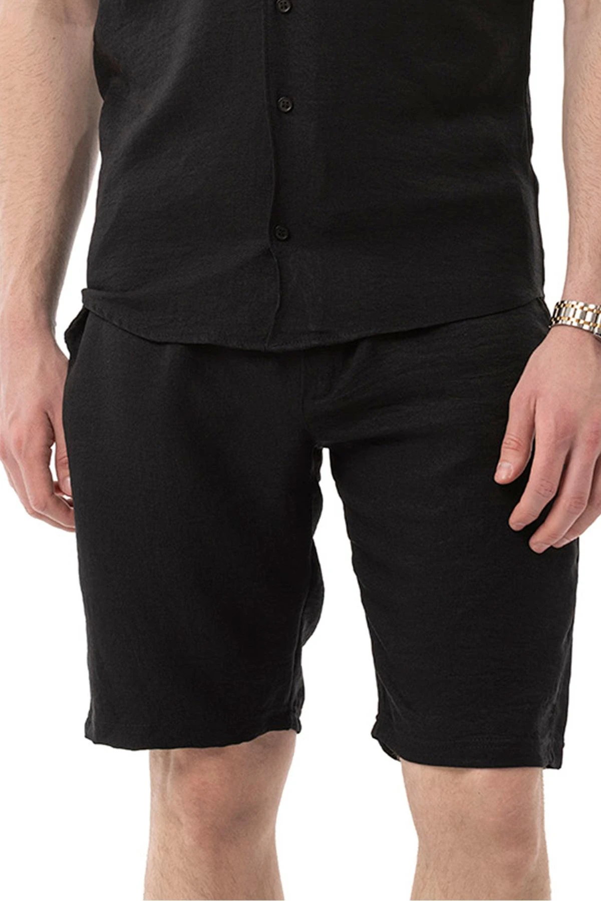 Erkek Mekanik Keten Şort - Siyah