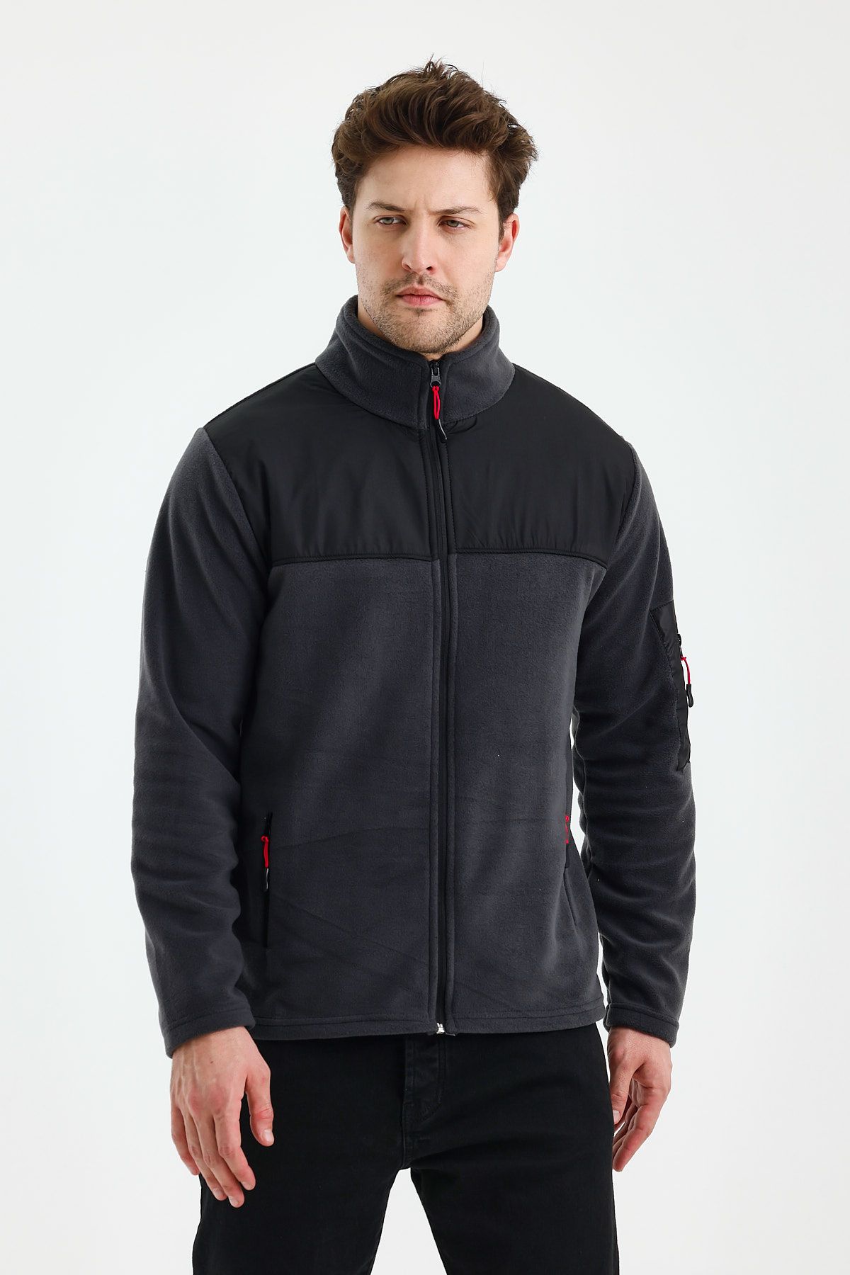 Erkek Tam Fermuarlı Parçalı Spor Polar Ceket