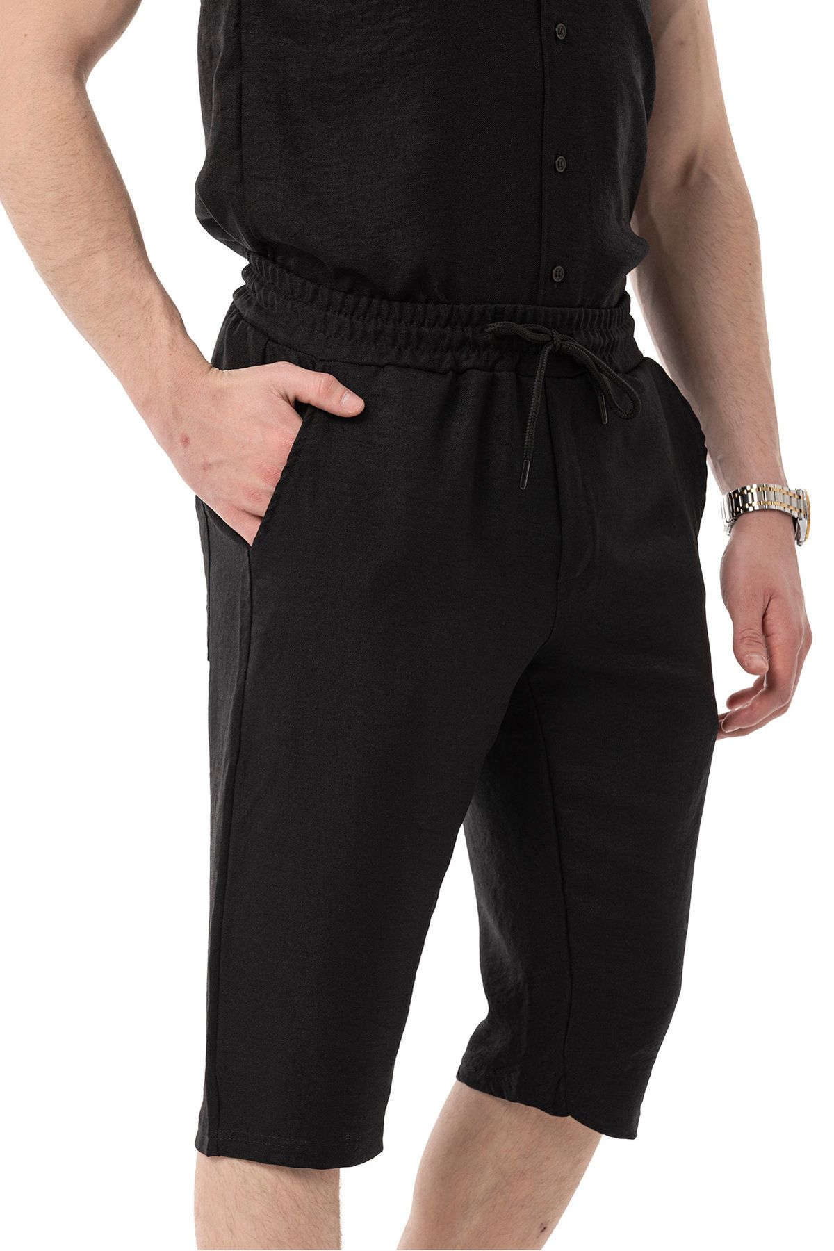 Erkek Mekanik Keten Gömlekli Diz Altı Kapri Takım - Siyah