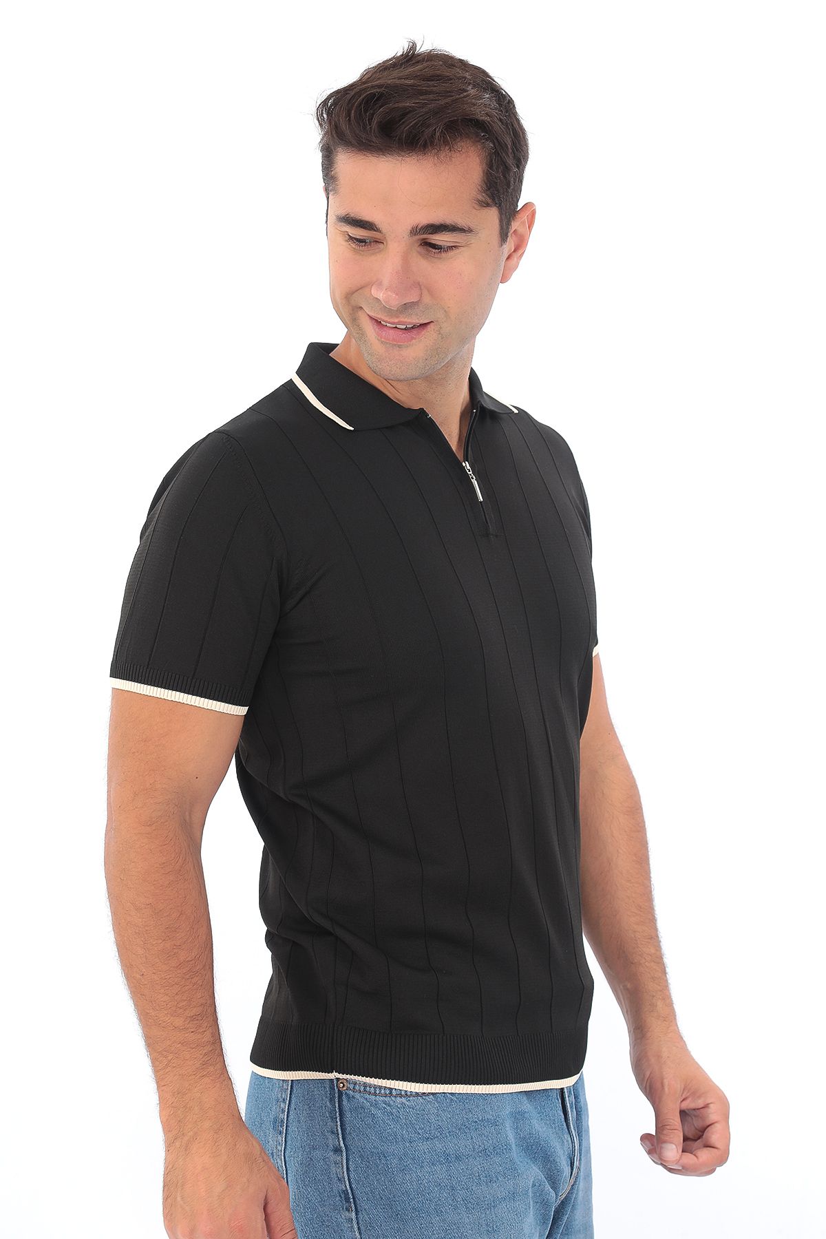 Erkek Polo Yaka Fermuarlı Çizgili Spor Yazlık Triko Tişort