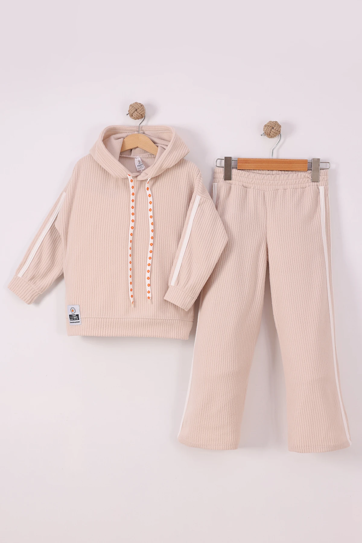 Monox Kız Çocuk Çiçek Baskılı İpli Şeritli Pantolon Fitilli Polar Takım