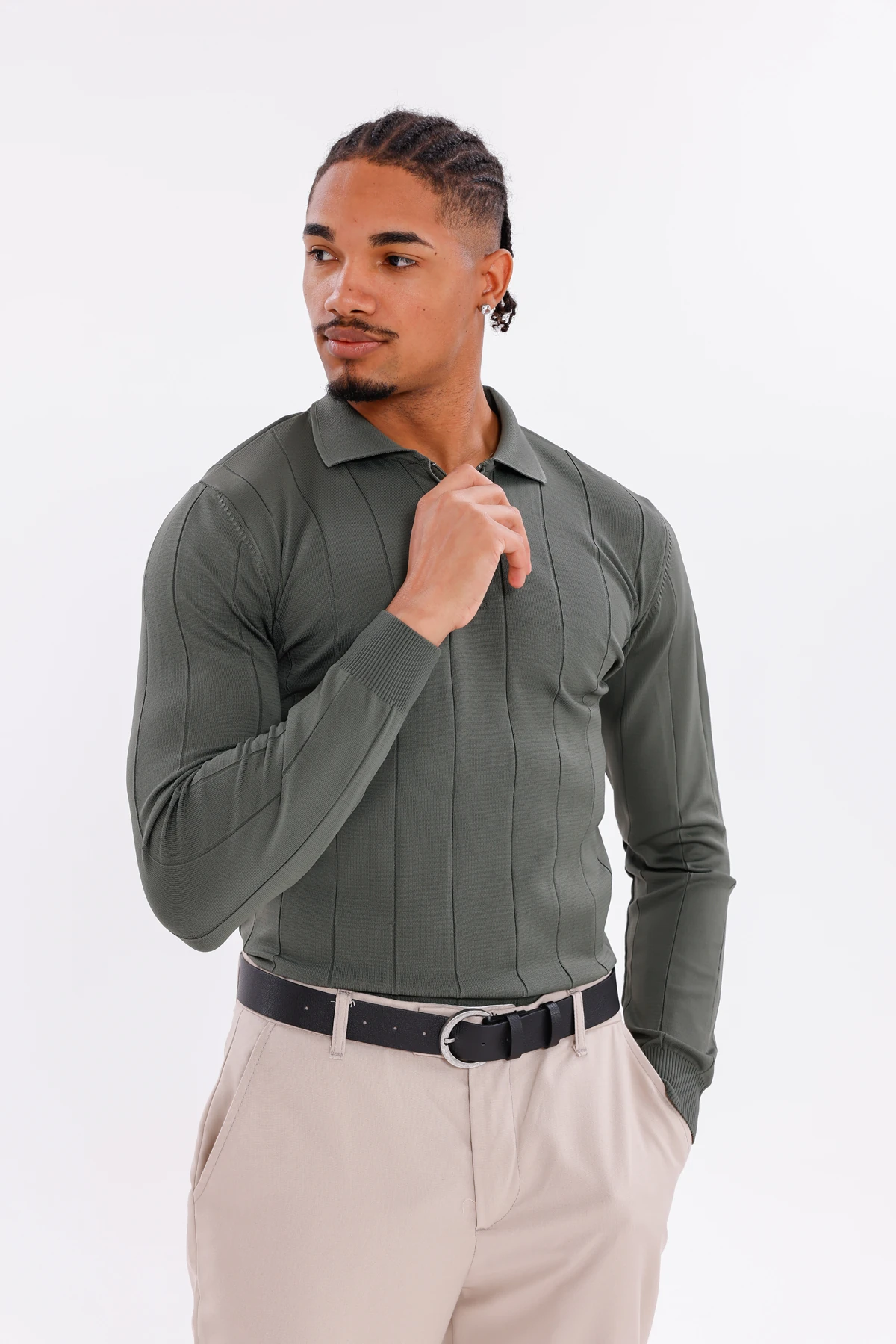 Monox Erkek Yarım Fermuarlı Polo Yaka Triko Kazak - Haki