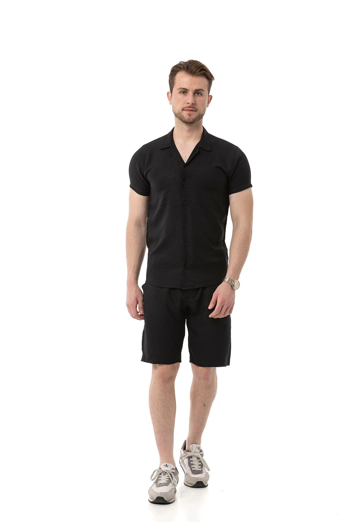 Erkek Mekanik Keten Gömlekli Şortlu Takım - Siyah