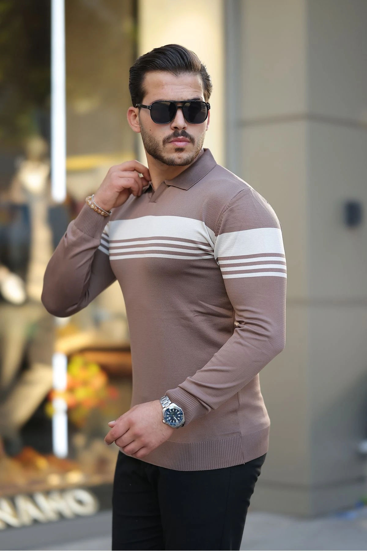 Erkek Çizgili Düğmesiz Gömlek Yaka Triko Kazak